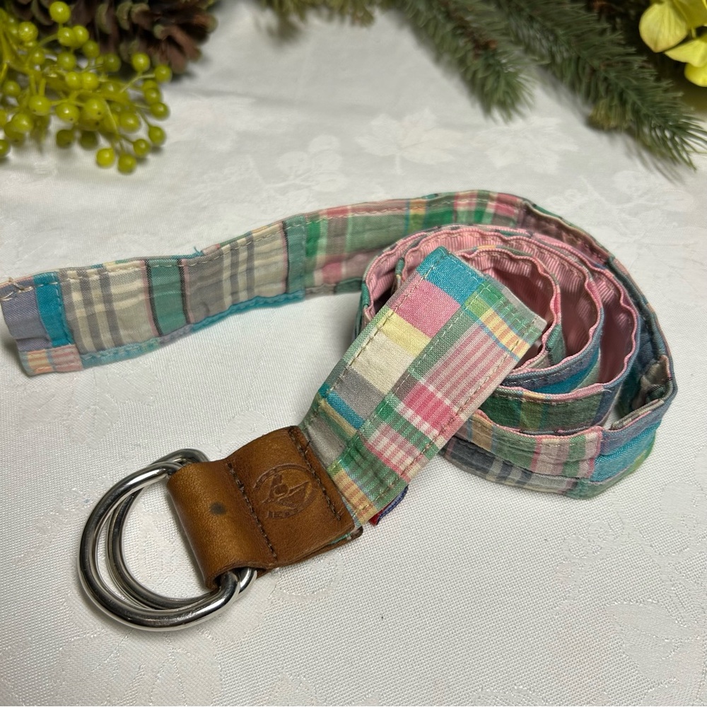 YRI Plaid D-Ring Equestrian Stamped Leather And Fabric Belt Size Small 40.5”